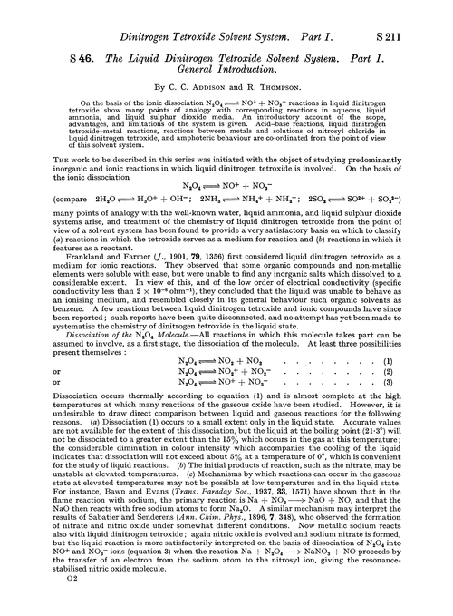 S 46. The liquid dinitrogen tetroxide solvent system. Part I. General introduction