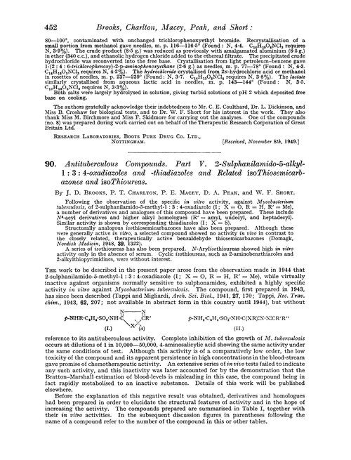 90. Antituberculous compounds. Part V. 2-Sulphanilamido-5-alkyl-1 : 3 : 4-oxadiazoles and -thiadiazoles and related isothiosemicarbazones and isothioureas