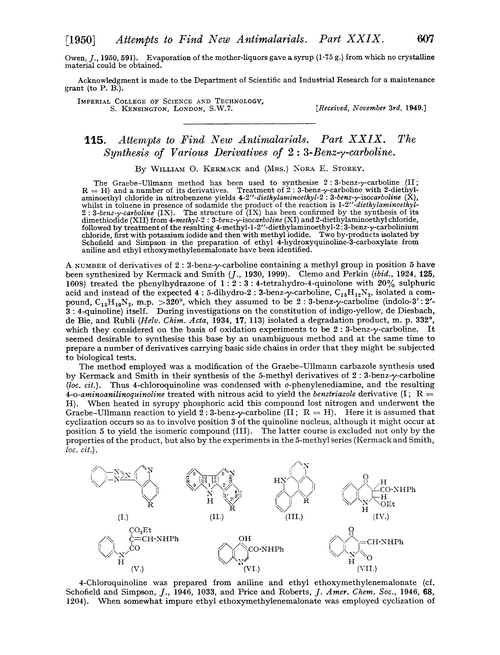 115. Attempts to find new antimalarials. Part XXIX. The synthesis of various derivatives of 2 : 3-benz-γ-carboline