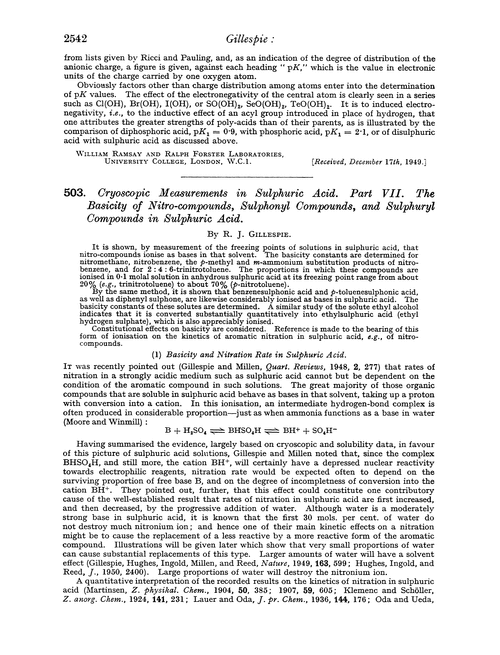 503. Cryoscopic measurements in sulphuric acid. Part VII. The basicity of nitro-compounds, sulphonyl compounds, and sulphuryl compounds in sulphuric acid
