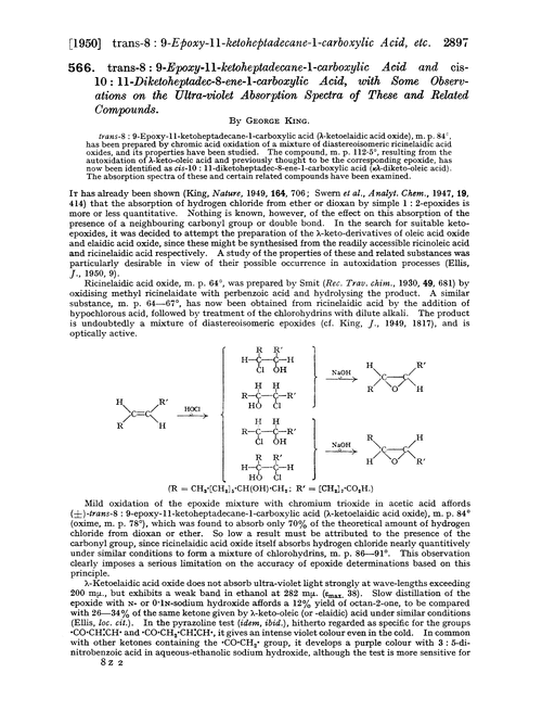 566. trans-8 : 9-Epoxy-11-ketoheptadecane-1-carboxylic acid and cis-10 : 11-diketoheptadec-8-ene-1-carboxylic acid, with some observations on the ultra-violet absorption spectra of these and related compounds