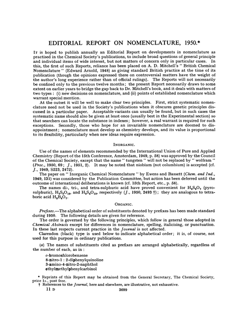 Editorial report on nomenclature, 1950