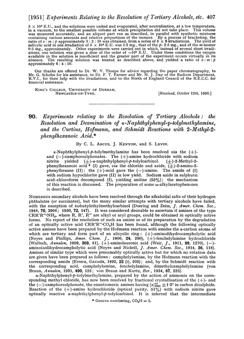 90. Experiments relating to the resolution of tertiary alcohols: the resolution and deamination of α-naphthylphenyl-p-tolylmethylamine, and the curtius, Hofmann, and schmidt reactions with 2-methyl-2-phenylhexanoic acid