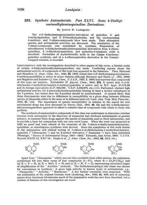 231. Synthetic antimalarials. Part XLVI. Some 4-dialkylaminoalkylaminoquinoline derivatives