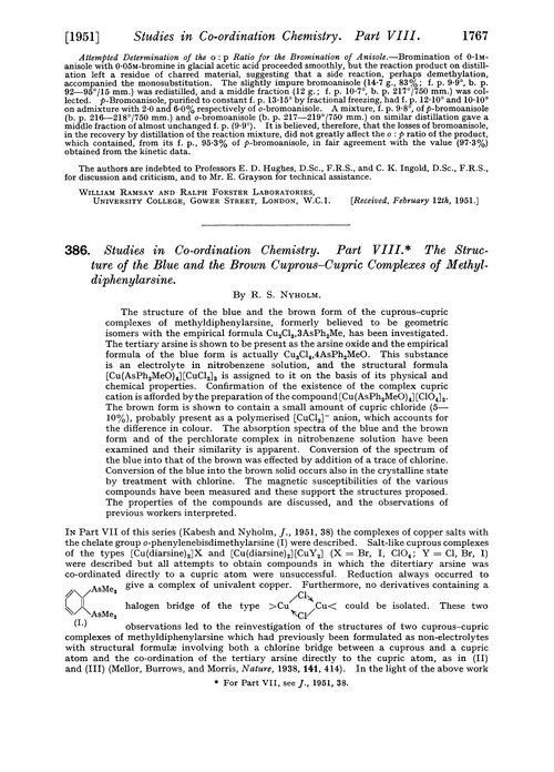 386. Studies in co-ordination chemistry. Part VIII. The structure of the blue and the brown cuprous–cupric complexes of methyldiphenylarsine