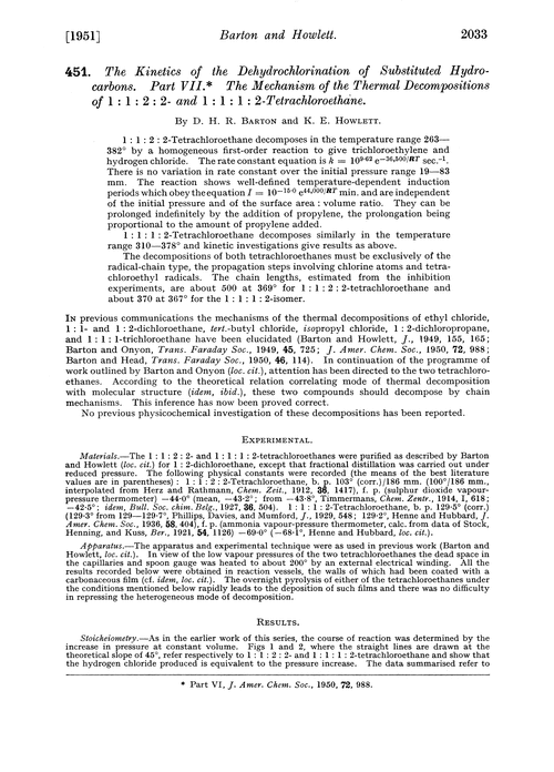 451. The kinetics of the dehydrochlorination of substituted hydrocarbons. Part VII. The mechanism of the thermal decompositions of 1 : 1 : 2 : 2- and 1 : 1 : 1 : 2-tetrachloroethane