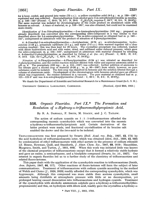 516. Organic fluorides. Part IX. The formation and resolution of α-hydroxy-α-trifluoromethylpropionic acid
