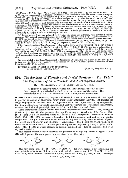 544. The synthesis of thyroxine and related substances. Part VIII. The preparation of some halogeno- and nitro-diphenyl ethers