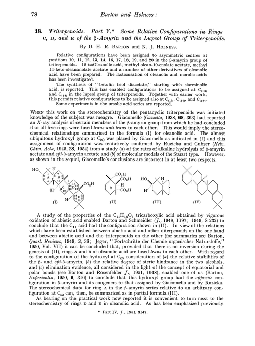 18. Triterpenoids. Part V. Some relative configurations in rings C, D, and E of the β-amyrin and the lupeol group of triterpenoids