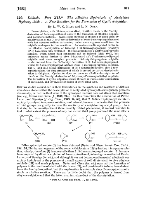 149. Dithiols. Part XII. The alkaline hydrolysis of acetylated hydroxy-thiols: a new reaction for the formation of cyclic sulphides