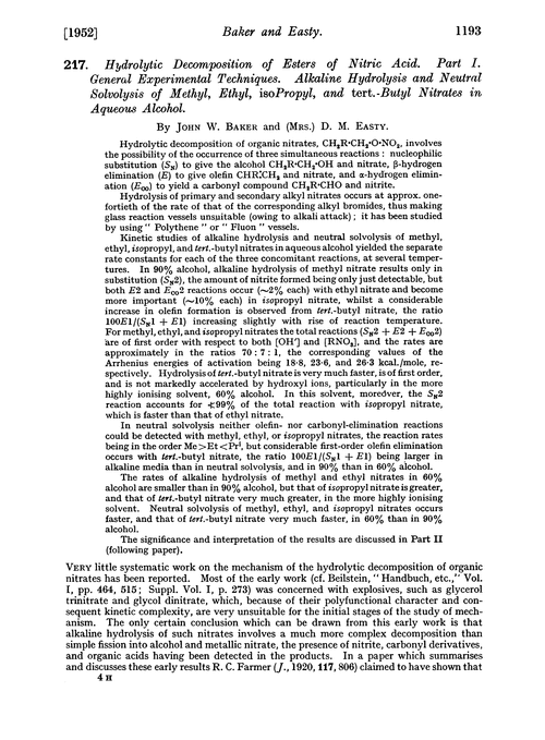 217. Hydrolytic decomposition of esters of nitric acid. Part I. General experimental techniques. Alkaline hydrolysis and neutral solvolysis of methyl, ethyl, isopropyl, and tert.-butyl nitrates in aqueous alcohol