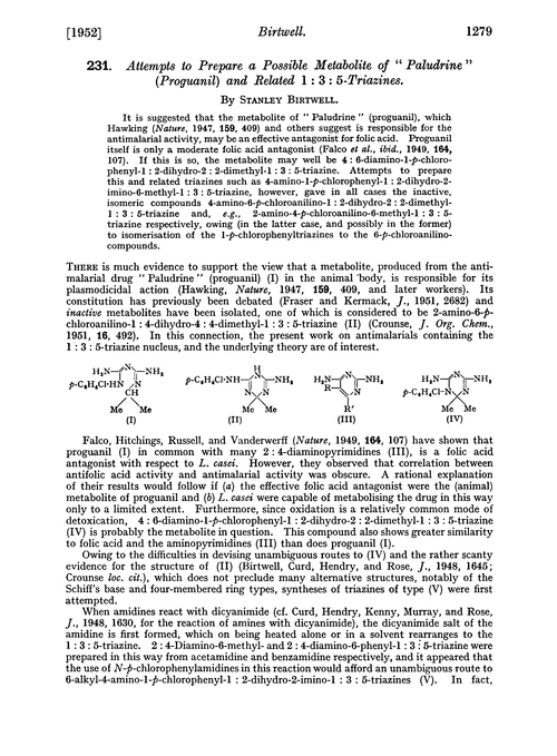 231. Attempts to prepare a possible metabolite of “Paludrine”(proguanil) and related 1 : 3 : 5-triazines