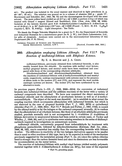 260. Alkenylation employing lithium alkenyls. Part VII. The reaction of isobutenyl-lithium with ethylenic ketones