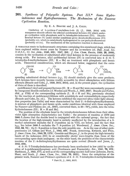 261. Syntheses of polycyclic systems. Part III. Some hydroindanones and hydrofluorenones. The mechanism of the nazarov cyclisation reaction