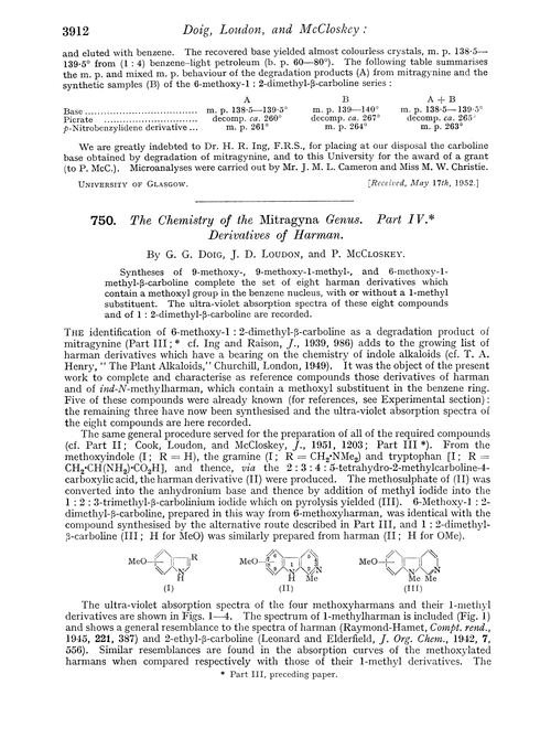750. The chemistry of the mitragyana genus. Part IV. Derivatives of harman