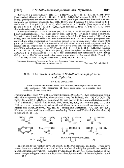939. The reaction between NN′-dithiocarbamylhydrazine and hydrazine