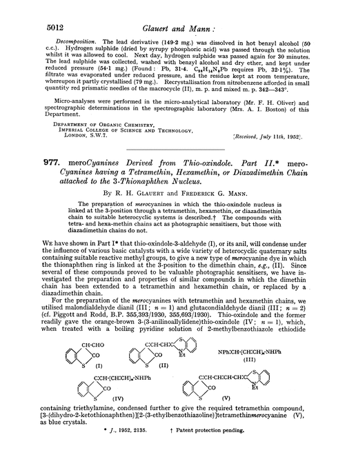 977. meroCyanines derived from thio-oxindole. Part II. mero-Cyanines having a tetramethin, hexamethin, or diazadimethin chain attached to the 3-thionaphthen nucleus