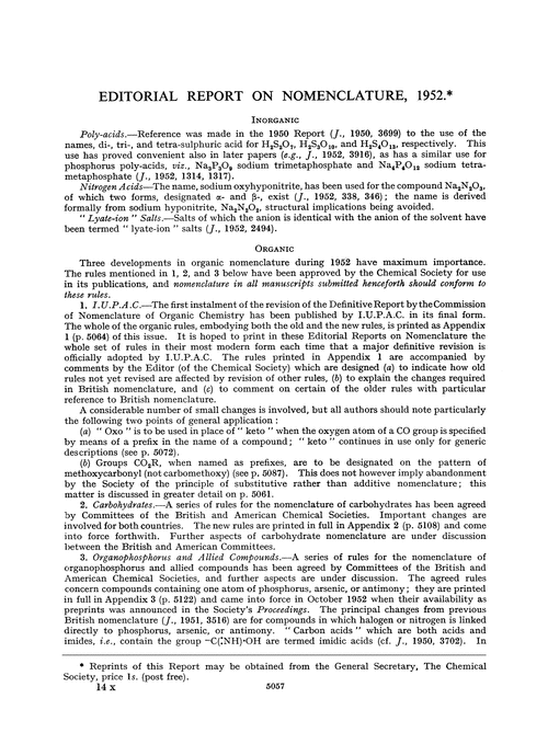 Editorial report on nomenclature, 1952