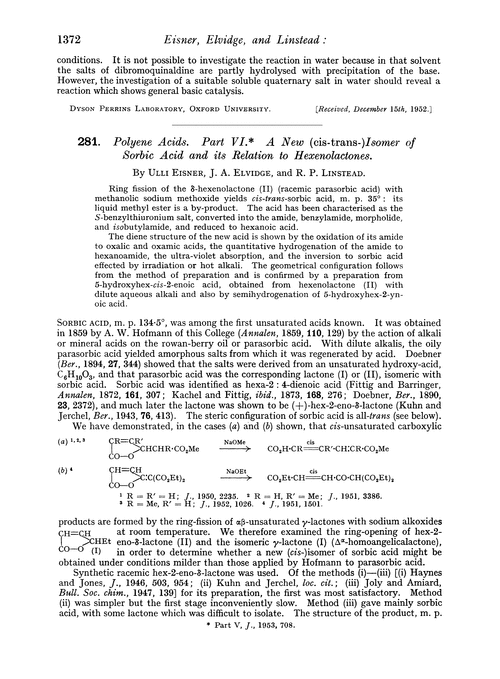 281. Polyene acids. Part VI. A new (cis-trans-)isomer of sorbic acid and its relation to hexenolactones