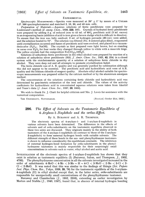 296. The effect of solvents on the tautomeric equilibria of 4-arylazo-1-naphthols and the ortho-effect