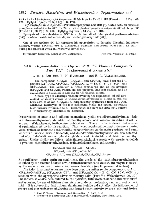 316. Organometallic and organometalloidal fluorine compounds. Part VI. Trifluoromethyl arsenicals