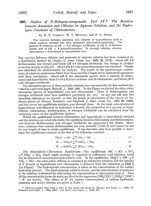 395. Studies of N-halogeno-compounds. Part IV. The reaction between ammonia and chlorine in aqueous solution, and the hydrolysis constants of chloroamines