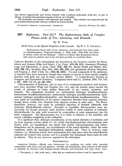 397. Hydrazine. Part III. The hydrazinium salts of complex fluoro-acids of tin, antimony, and bismuth