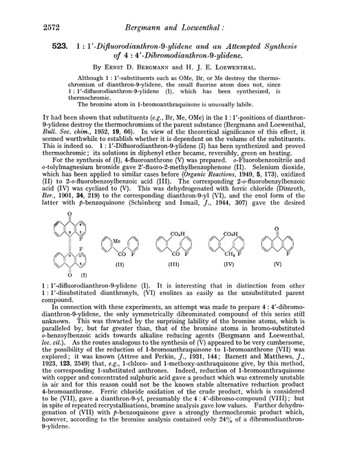 523. 1: 1′-Difluorodianthron-9-ylidene and an attempted synthesis of 4: 4′-dibromodianthron-9-ylidene