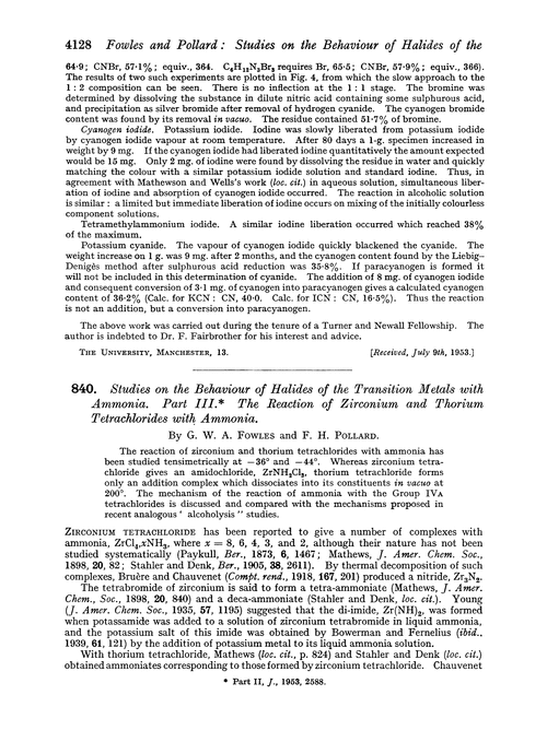 840. Studies on the behaviour of halides of the transition metals with ammonia. Part III. The reaction of zirconium and thorium tetrachlorides with ammonia