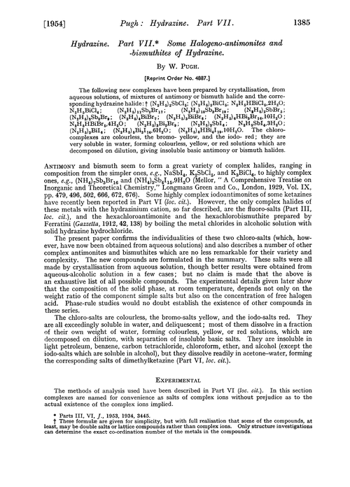 Hydrazine. Part VII. Some halogeno-antimonites and -bismuthites of hydrazine