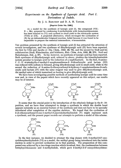 Experiments on the synthesis of lysergic acid. Part I. Derivatives of indole