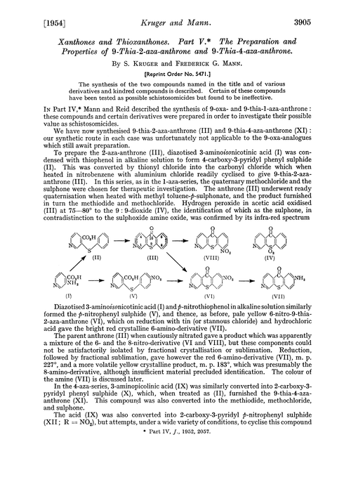 Xanthones and thioxanthones. Part V. The preparation and properties of 9-thia-2-aza-anthrone and 9-thia-4-aza-anthrone