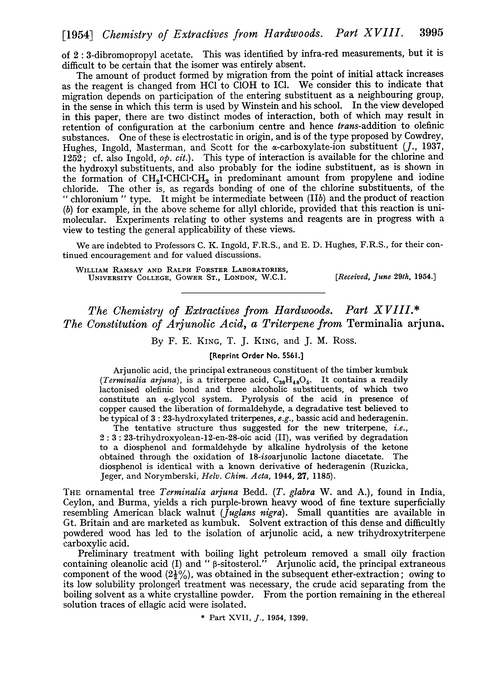 The chemistry of extractives from hardwoods. Part XVIII. The constitution of arjunolic acid, a triterpene from Terminalia arjuna