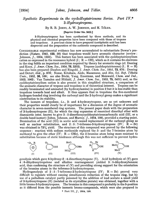 Synthetic experiments in the cycloheptatrienone series. Part IV. 3-Hydroxytropone