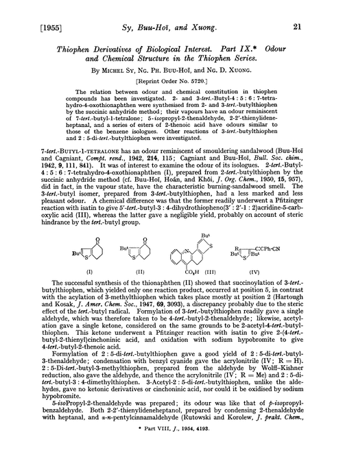 Thiophen derivatives of biological interest. Part IX. Odour and chemical structure in the thiophen series