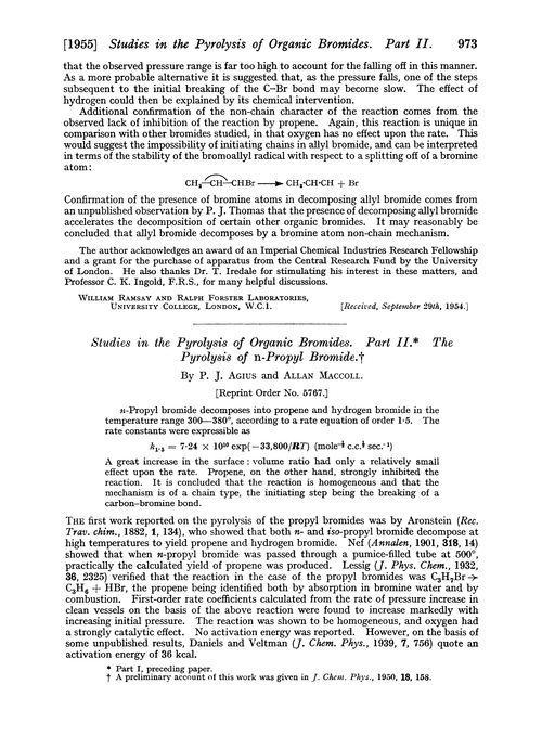 Studies in the pyrolysis of organic bromides. Part II. The pyrolysis of n-propyl bromide