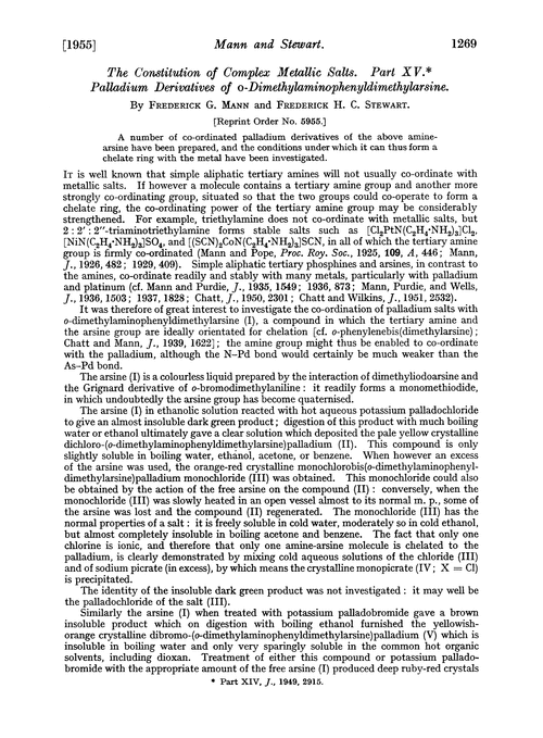 The constitution of complex metallic salts. Part XV. Palladium derivatives of o-dimethylaminophenyldimethylarsine