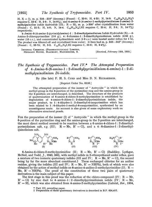 The synthesis of trypanocides. Part IV. The attempted preparation of 4-amino-6-(6-amino-1 : 2-dimethylpyrimidinium-4-amino)-1 : 2-dimethylquinolinium di-iodide