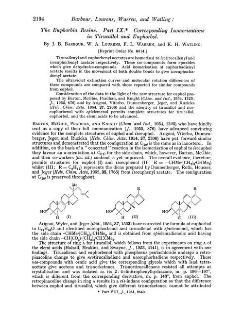 The euphorbia resins. Part IX. Corresponding isomerisations in tirucallol and euphorbol