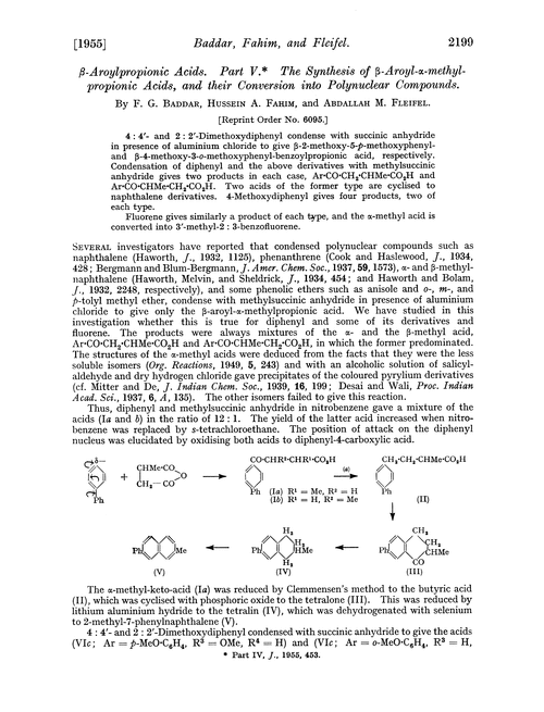 β-Aroylpropionic acids. Part V. The synthesis of β-aroyl-α-methylpropionic acids, and their conversion into polynuclear compounds