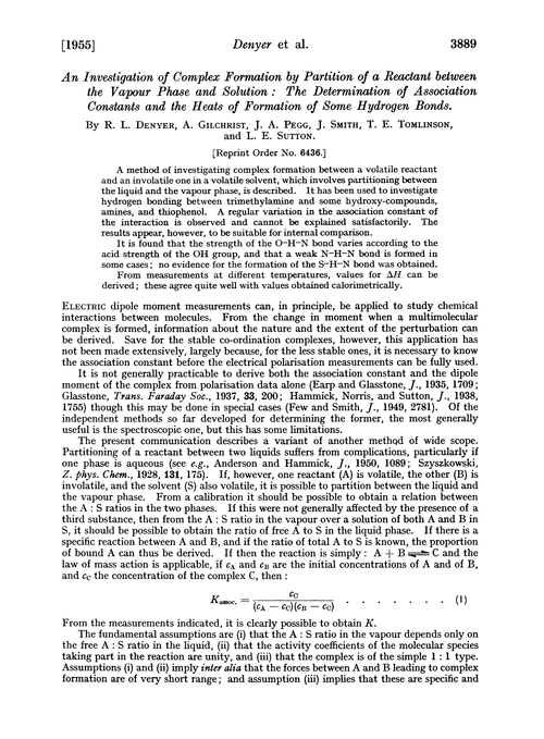 An investigation of complex formation by partition of a reactant between the vapour phase and solution : the determination of association constants and the heats of formation of some hydrogen bonds