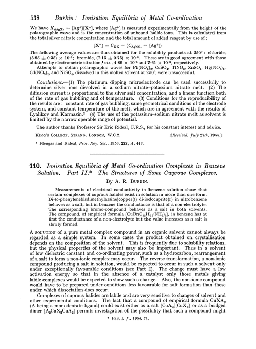 110. Ionisation equilibria of metal co-ordination complexes in benzene solution. Part II. The structures of some cuprous complexes