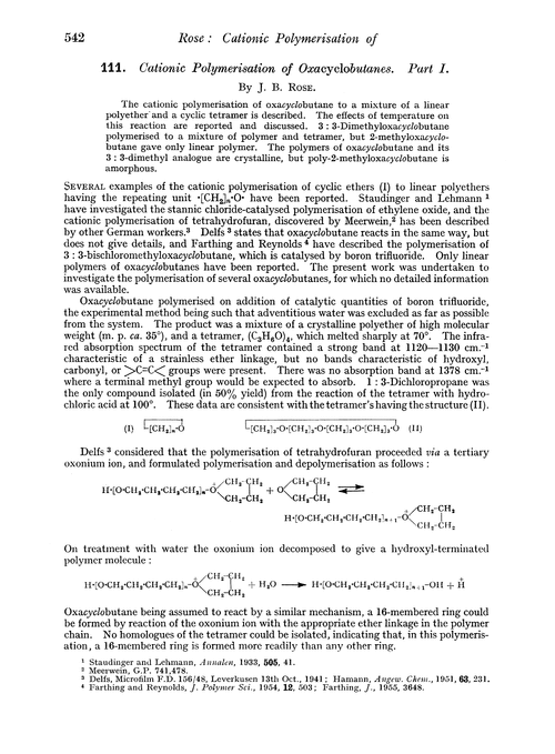 111. Cationic polymerisation of oxacyclobutanes. Part I