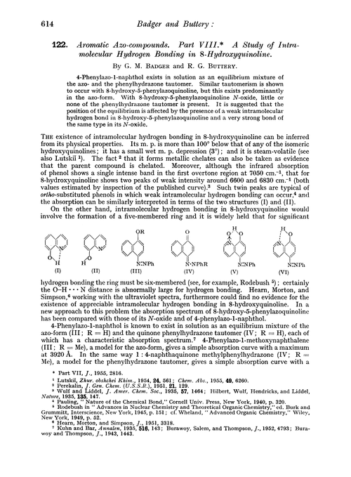 122. Aromatic azo-compounds. Part VIII. A study of intramolecular hydrogen bonding in 8-hydroxyquinoline