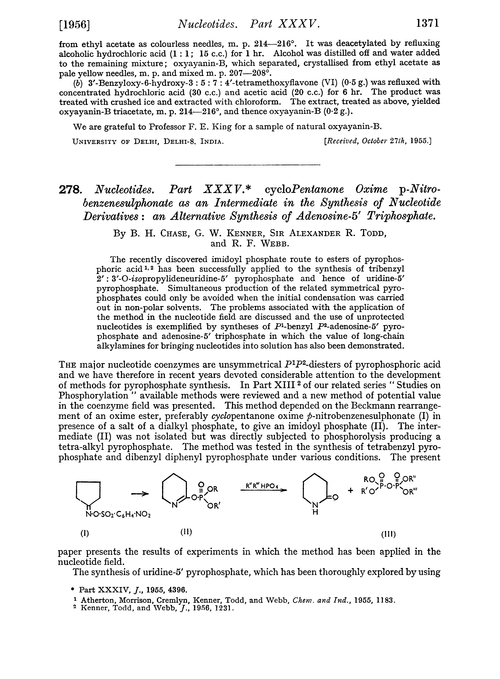 278. Nucleotides. Part XXXV. cycloPentanone oxime p-nitro-benzenesulphonate as an intermediate in the synthesis of nucleotide derivatives : an alternative synthesis of adenosine-5′ triphosphate