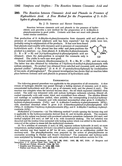 280. The reaction between cinnamic acid and phenols in presence of hydrochloric acid. A new method for the preparation of 3 : 4-dihydro-4-phenylcoumarins