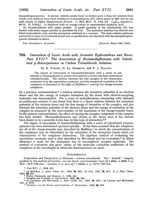 755. Interaction of Lewis acids with aromatic hydrocarbons and bases. Part XVII. The association of hexamethylbenzene with substituted p-benzoquinones in carbon tetrachloride solution