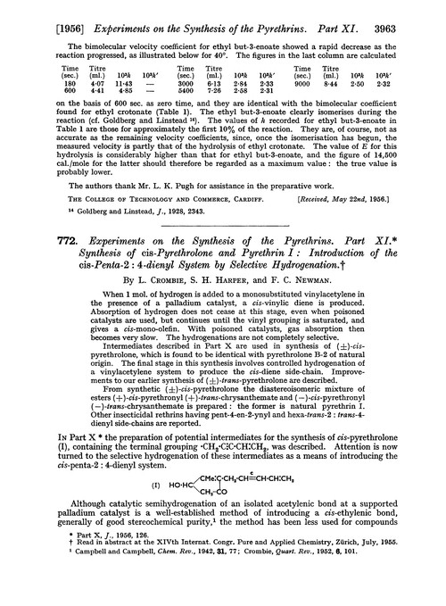 772. Experiments on the synthesis of the pyrethrins. Part XI. Synthesis of cis-pyrethrolone and pyrethrin I: introduction of the cis-penta-2 : 4-dienyl system by selective hydrogenation