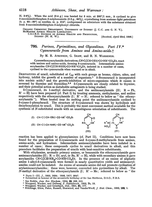 795. Purines, pyrimidines, and glyoxalines. Part IV. Cyanouracils from amines and amino-acids