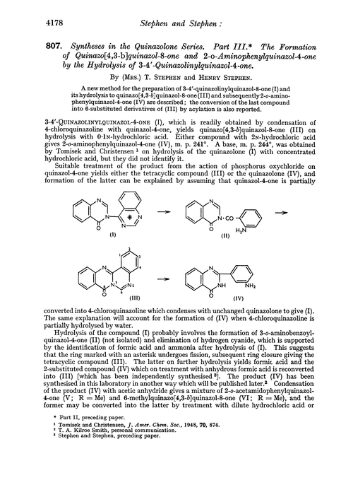 807. Syntheses in the quinazolone series. Part III. The formation of quinazo[4,3-b]quinazol-8-one and 2-o-aminophenylquinazol-4-one by the hydrolysis of 3-4′-quinazolinylquinazol-4-one